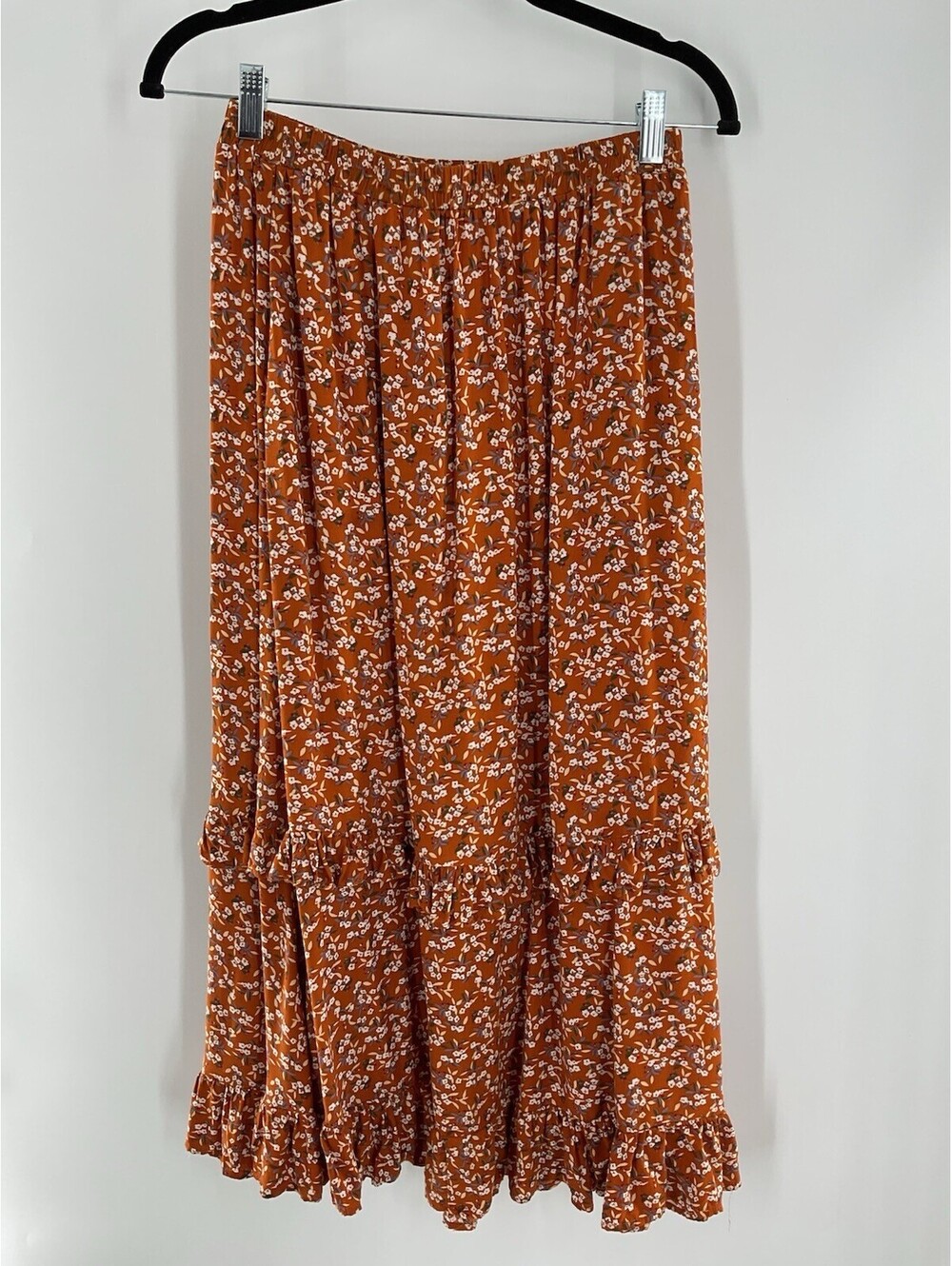 Zeagoo Women’s Medium Rust Orange Floral Skirt Midi Ruffles 106